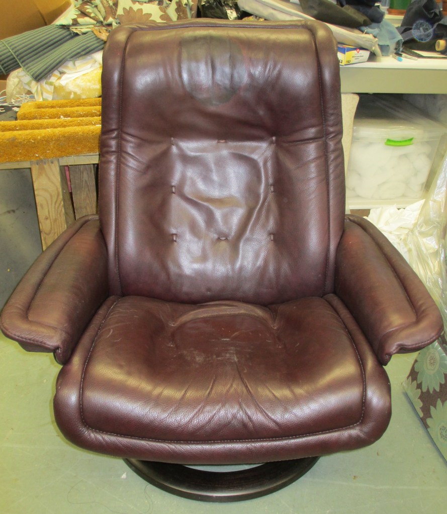 Before restoration/note headrest of EKORNES RECLINER damage